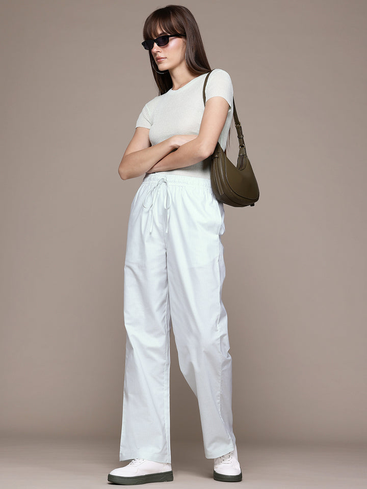 Popnetic Women Striped Smart High-Rise Cotton Linen Trousers