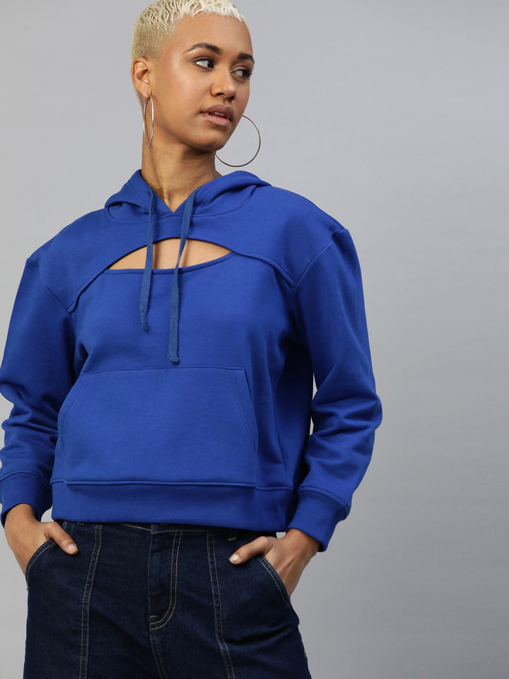 Popnetic Women Solid Cut-Out Detail Hooded Sweatshirt