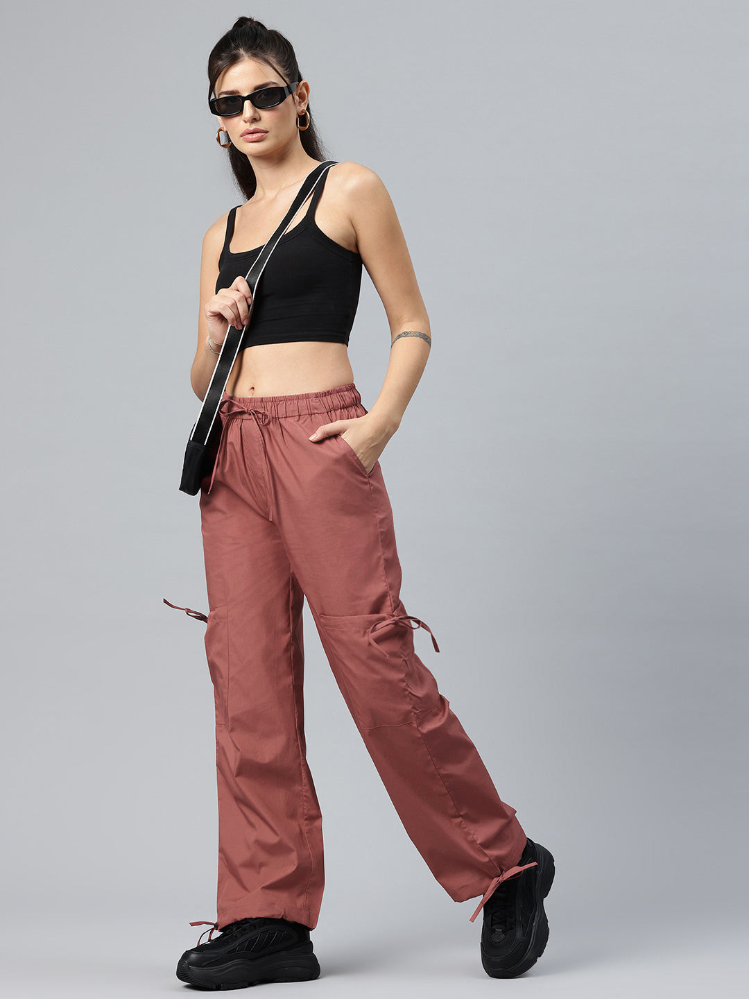Popnetic Women Loose Fit High-Rise Parachute Cargo Trousers