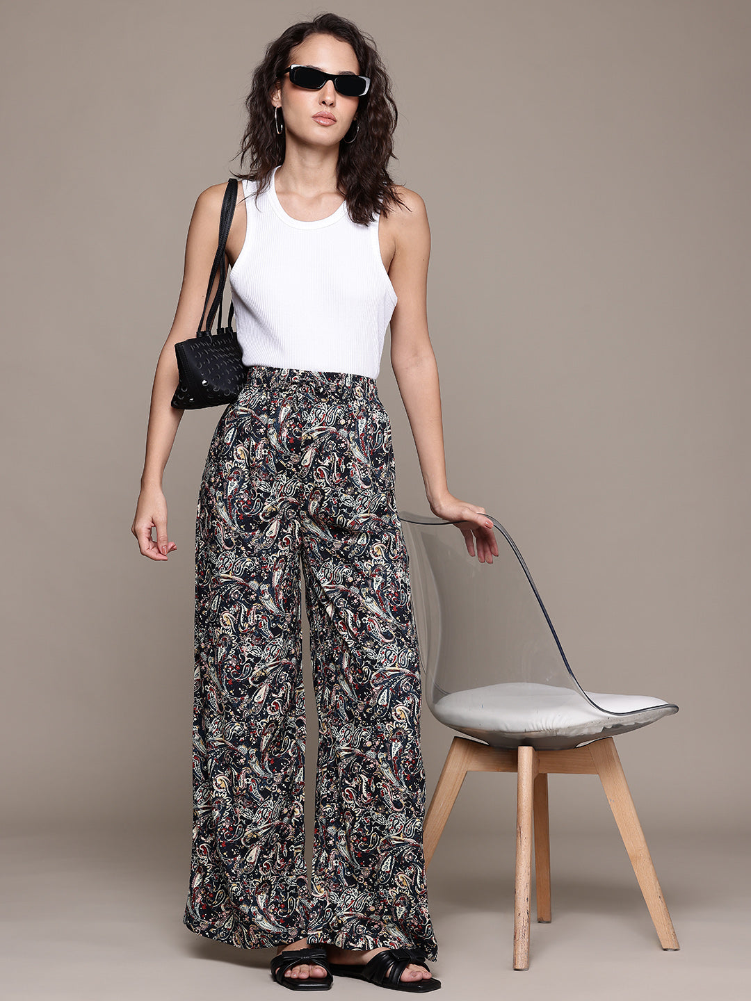 Popnetic Women Ethnic Printed Relaxed High-Rise Wide Leg Trousers