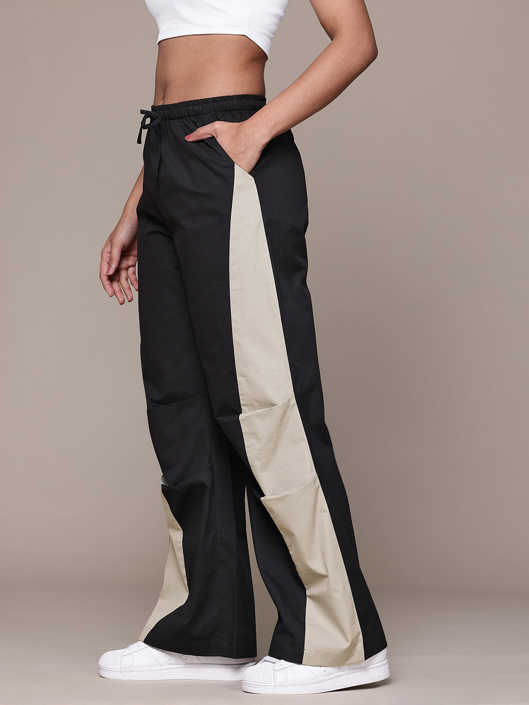 Popnetic Women Colourblocked High-Rise Pure Cotton Wide Leg Fit Parachute Trousers