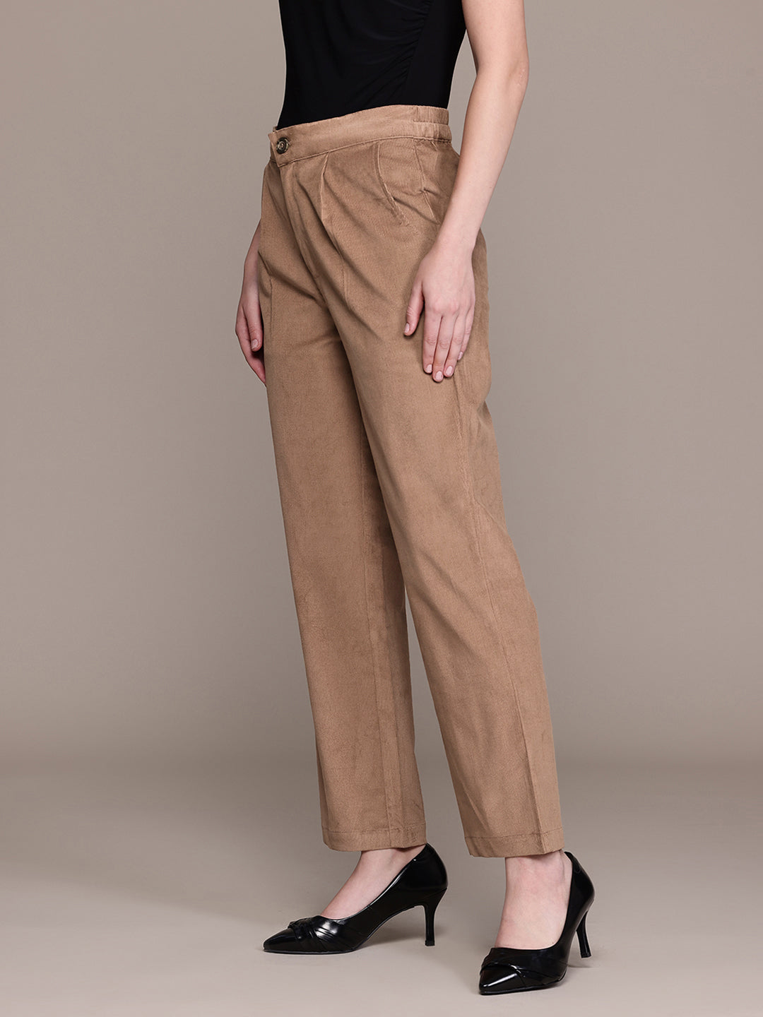 Popnetic Women Smart Straight Fit High-Rise Corduroy Pleated Trousers