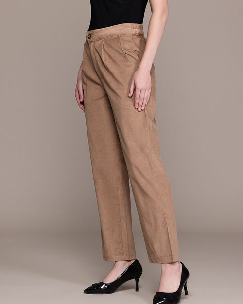 Popnetic Women Smart Straight Fit High-Rise Corduroy Pleated Trousers