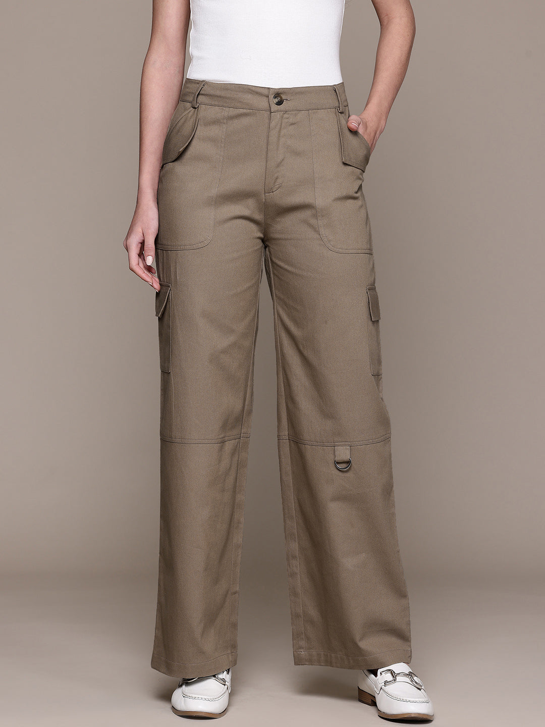 Popnetic Women High-Rise Pure Cotton Twill Weave Cargo-Style Wide Leg Trousers