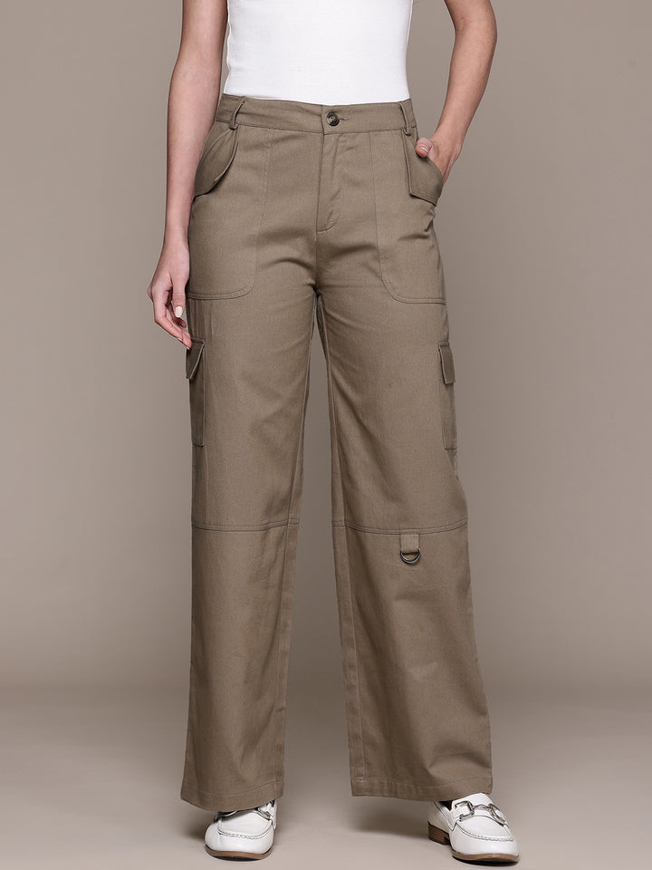 Popnetic Women High-Rise Pure Cotton Twill Weave Cargo-Style Wide Leg Trousers