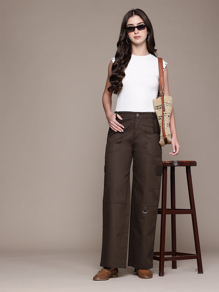 Popnetic Women High-Rise Pure Cotton Twill Weave Cargo-Style Wide Leg Trousers