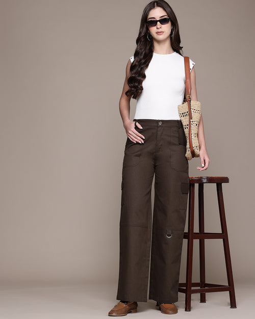 Popnetic Women High-Rise Pure Cotton Twill Weave Cargo-Style Wide Leg Trousers