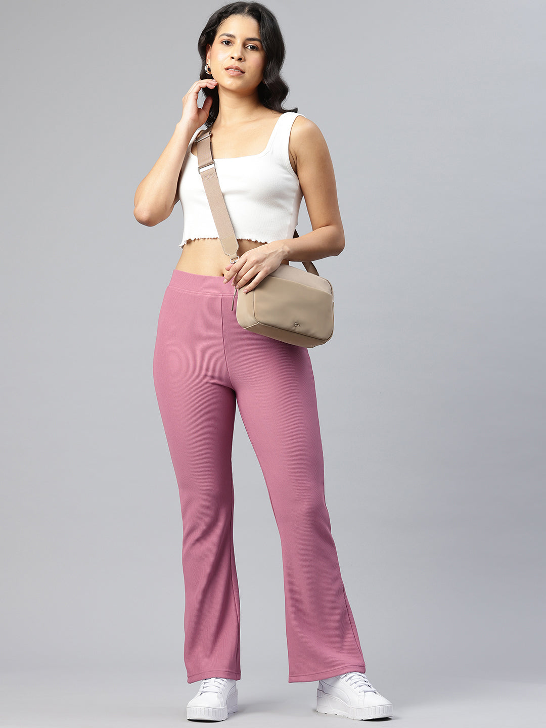 Popnetic Women Ribbed Flared High-Rise Trousers