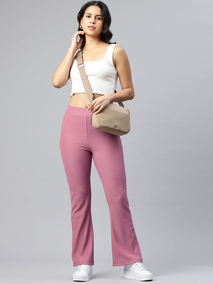 Popnetic Women Ribbed Flared High-Rise Trousers