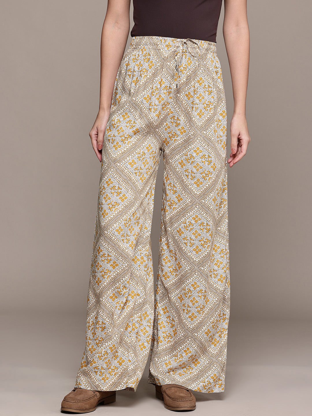 Popnetic Women Geometric Printed Relaxed High-Rise Wide Leg Trousers