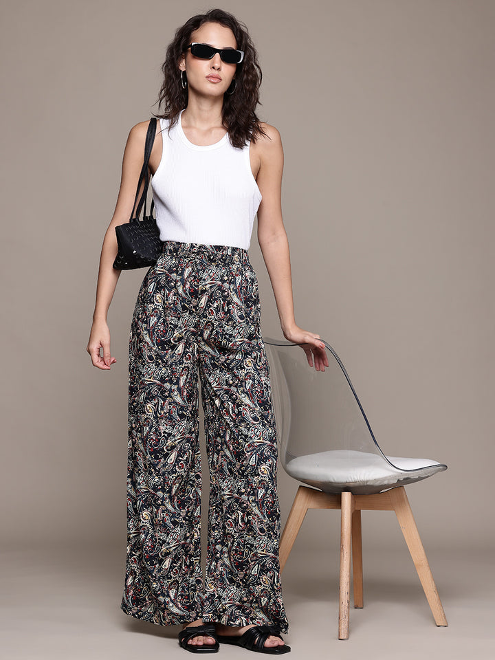 Popnetic Women Striped Cotton-Linen Wide Leg Trousers