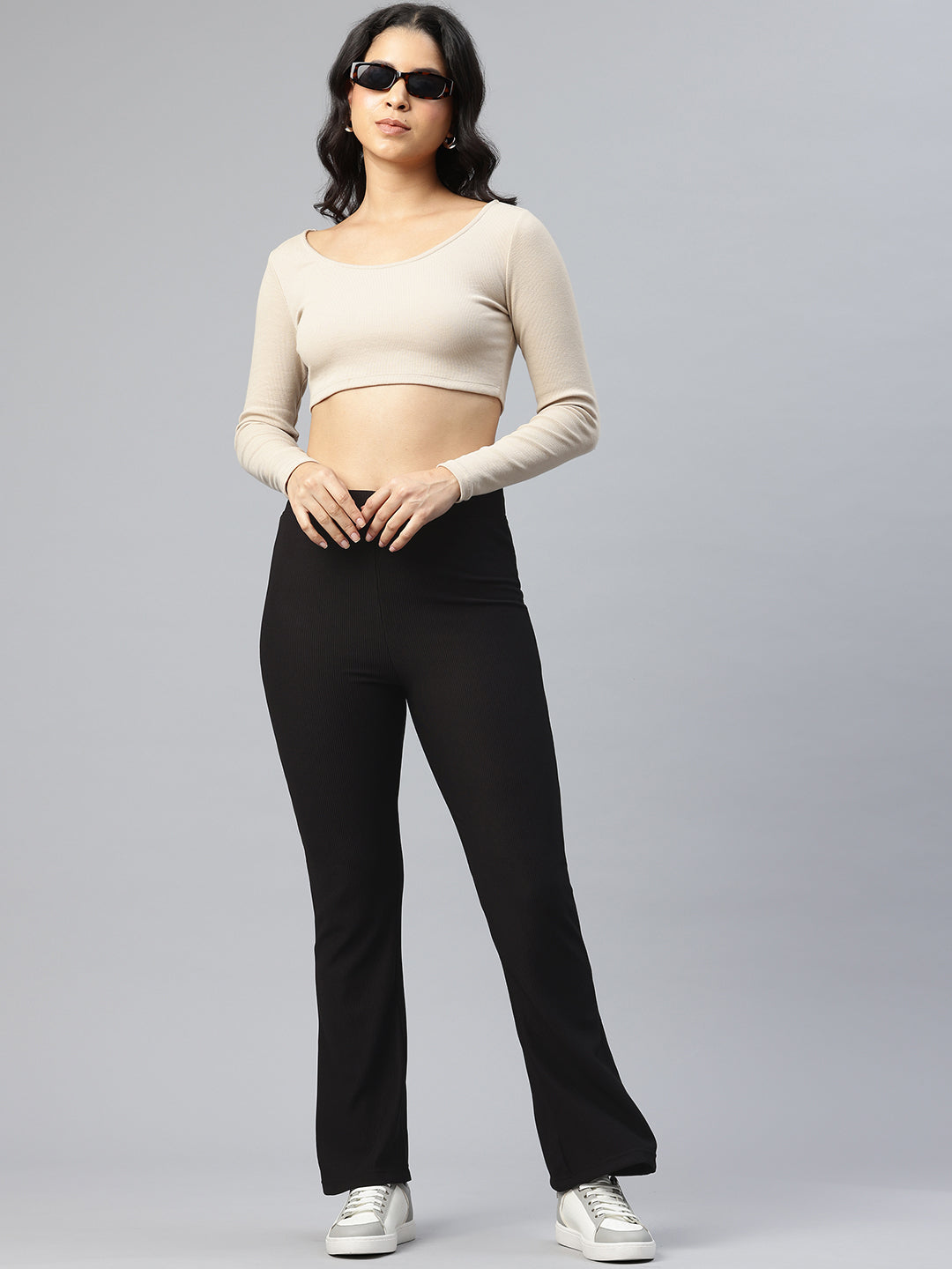 Popnetic Women Ribbed Flared High-Rise Trousers
