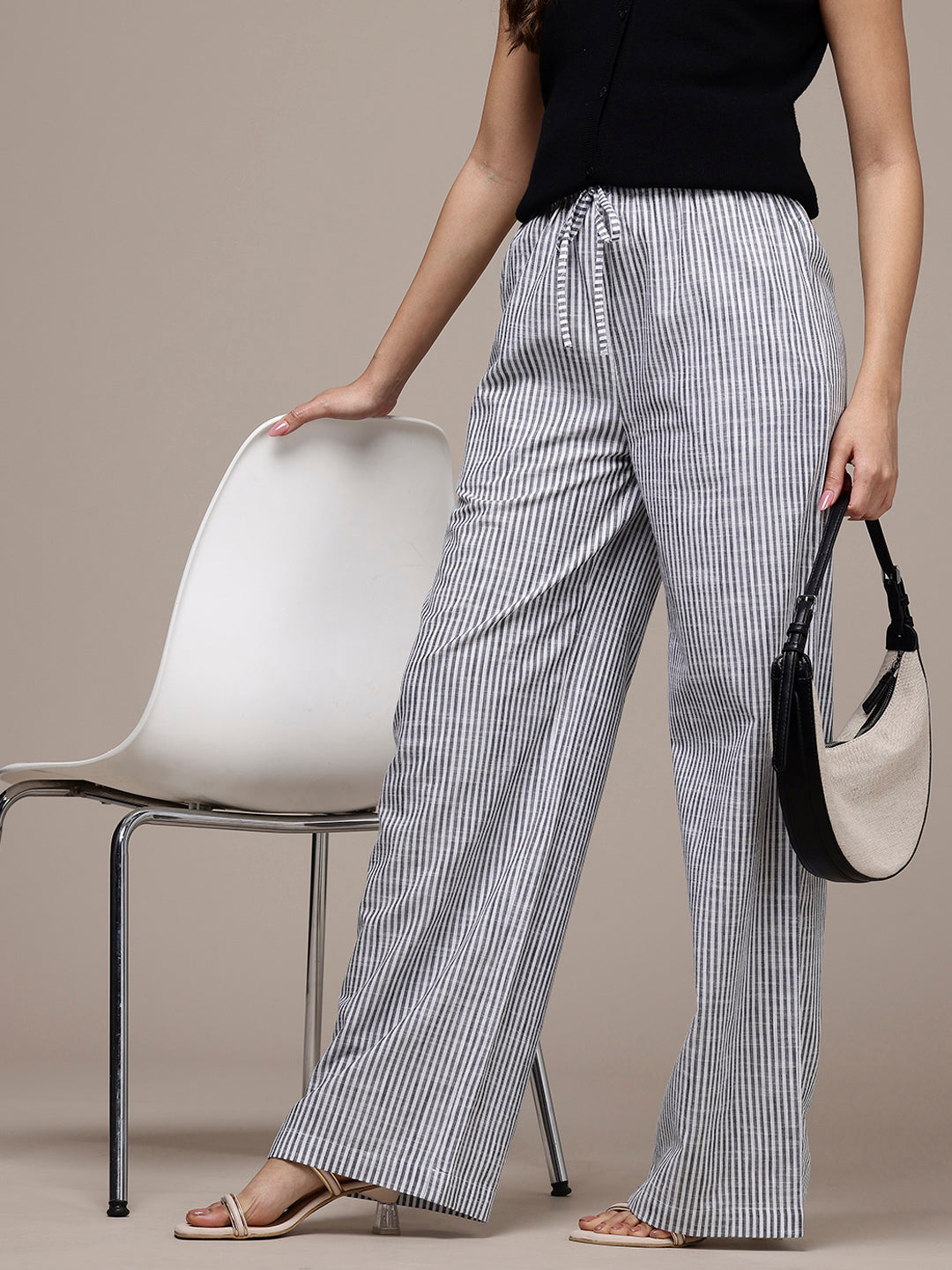 Popnetic Women Striped Cotton-Linen Wide Leg Trousers