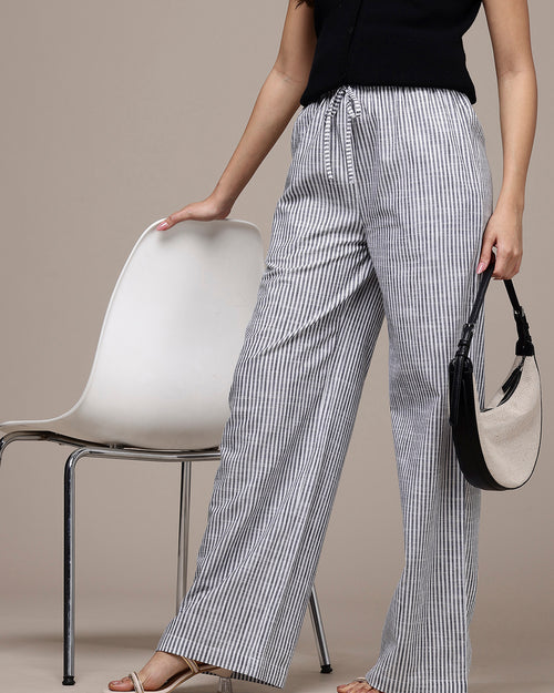 Popnetic Women Striped Cotton-Linen Wide Leg Trousers