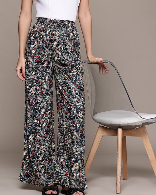 Popnetic Women Striped Cotton-Linen Wide Leg Trousers
