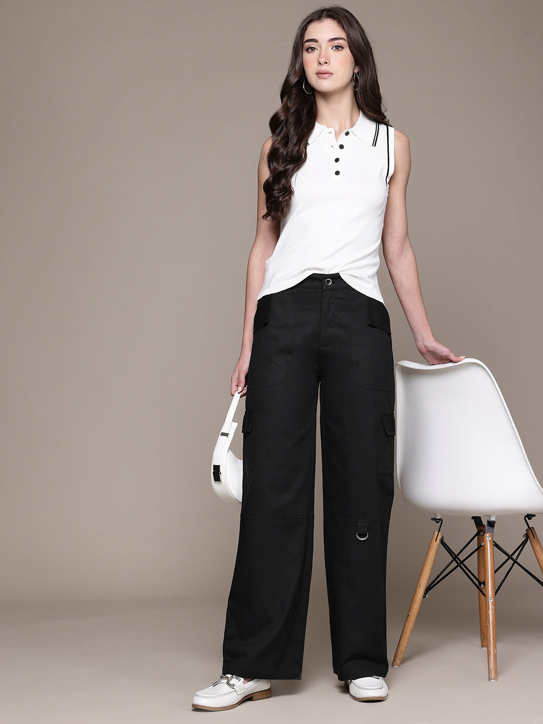 Popnetic Women High-Rise Pure Cotton Twill Weave Cargo-Style Wide Leg Trousers