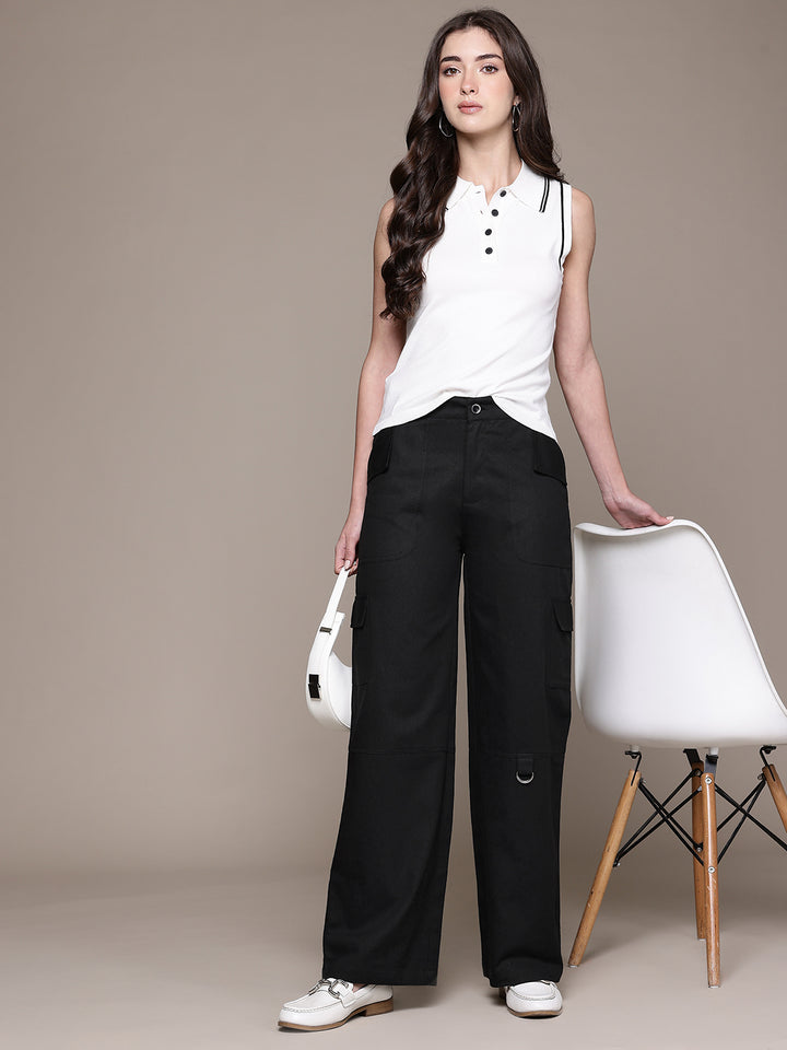 Popnetic Women High-Rise Pure Cotton Twill Weave Cargo-Style Wide Leg Trousers