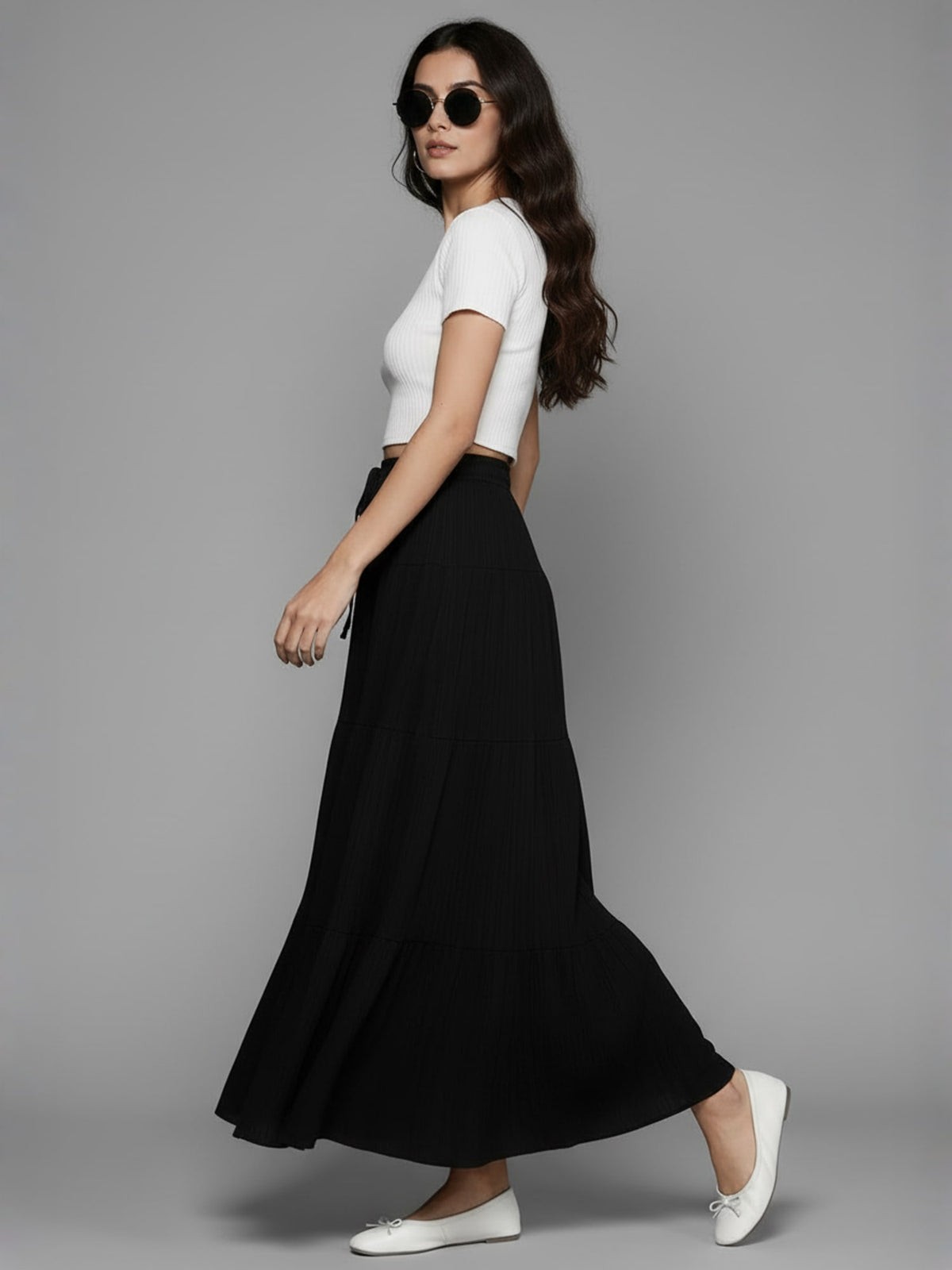 Popnetic Textured Tiered Maxi Skirt