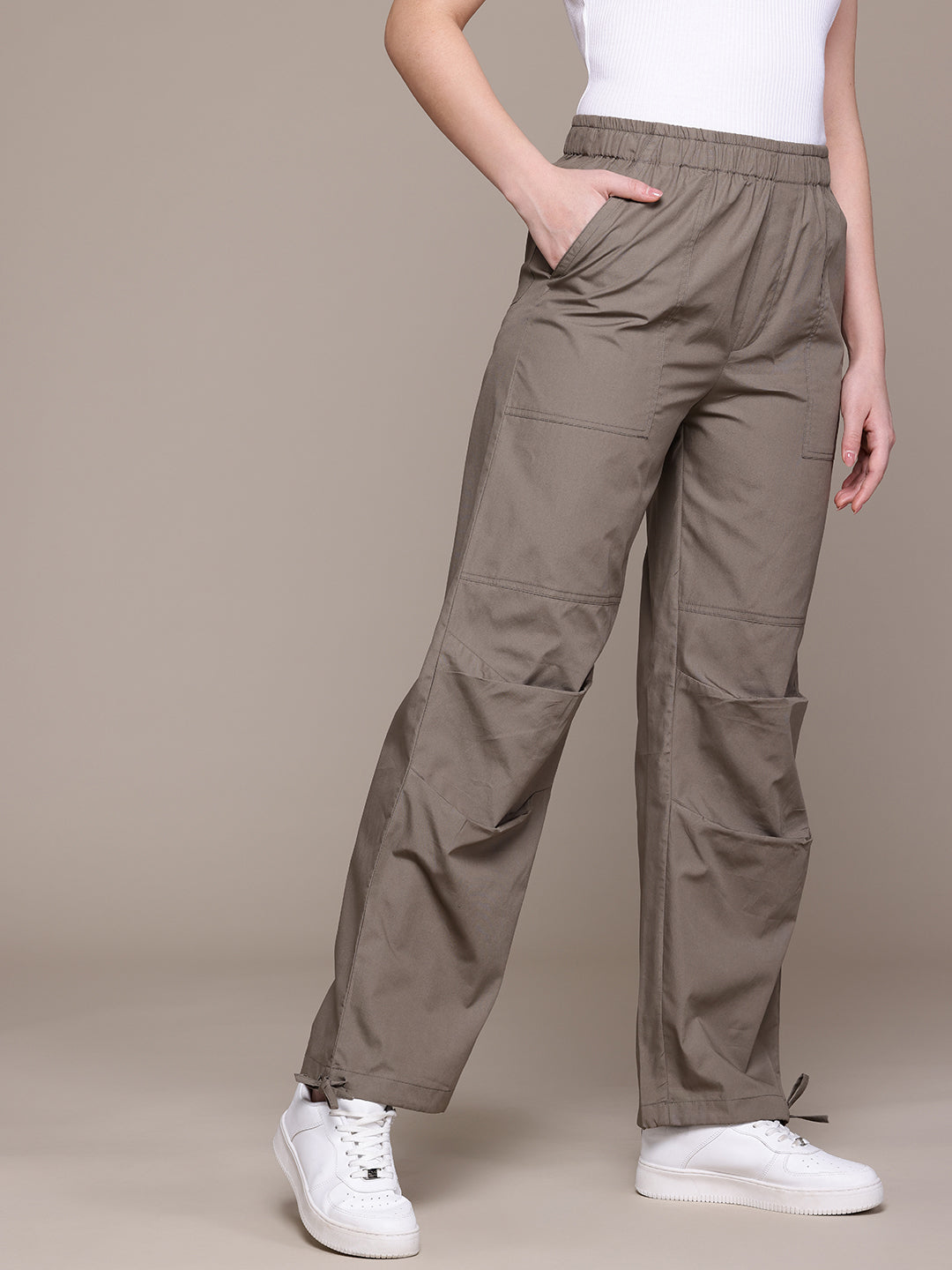 Popnetic Women Loose Fit High-Rise Parachute Cargo Trousers