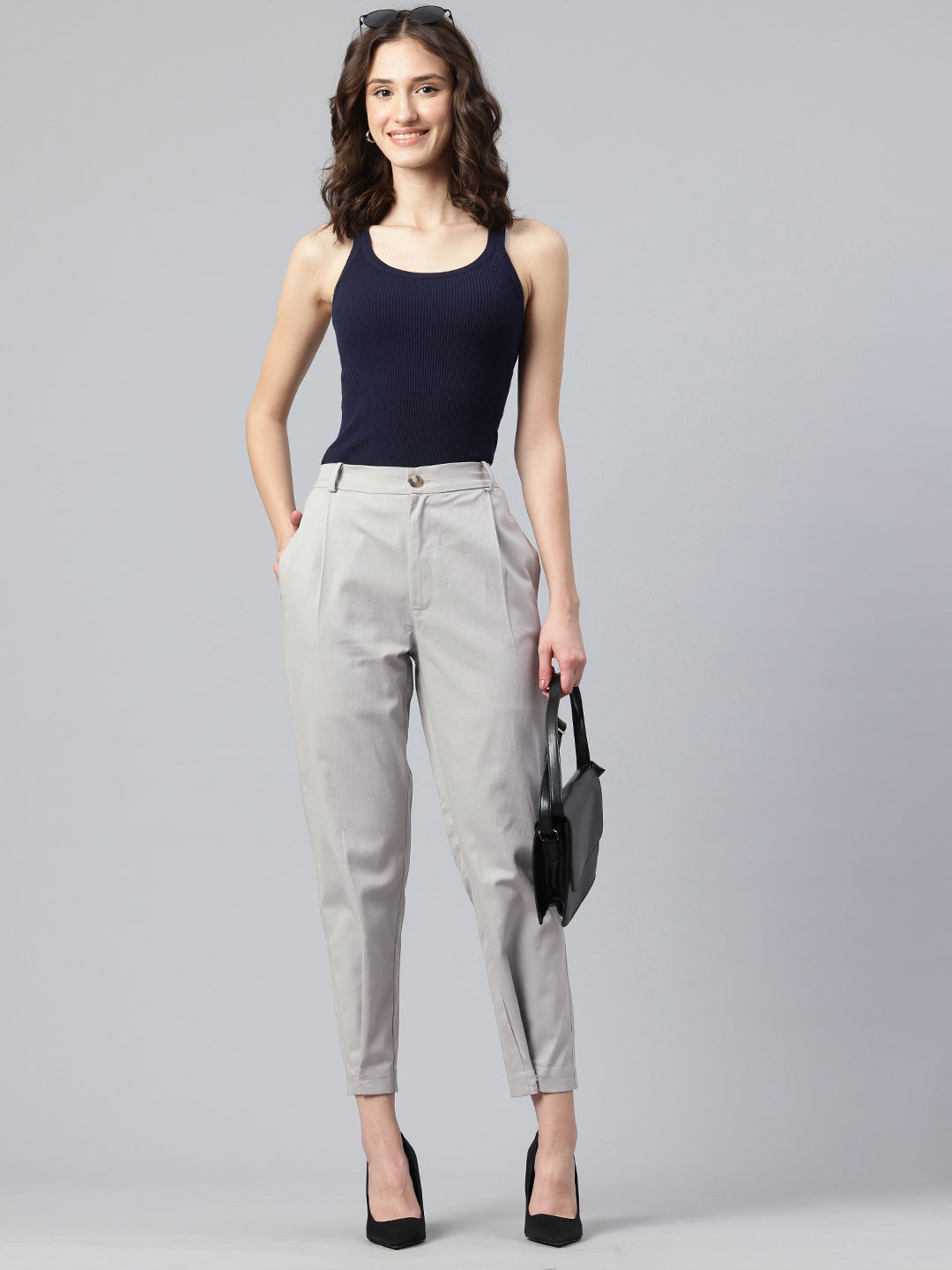 Popnetic Women Tapered Fit High-Rise Pleated Pure Cotton Chinos Trousers