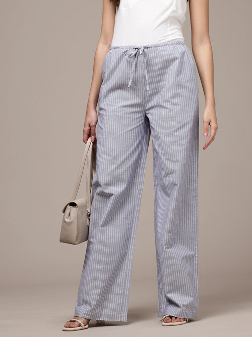 Popnetic Women Striped Cotton-Linen Wide Leg Trousers