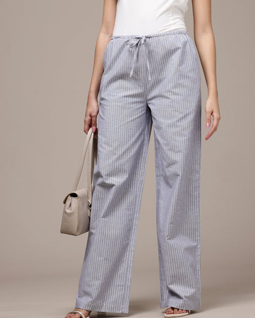 Popnetic Women Striped Cotton-Linen Wide Leg Trousers