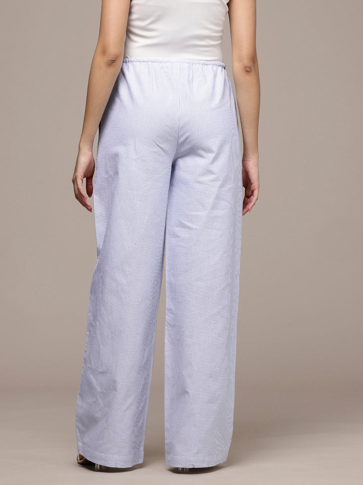 Popnetic Women Striped Cotton-Linen Wide Leg Trousers