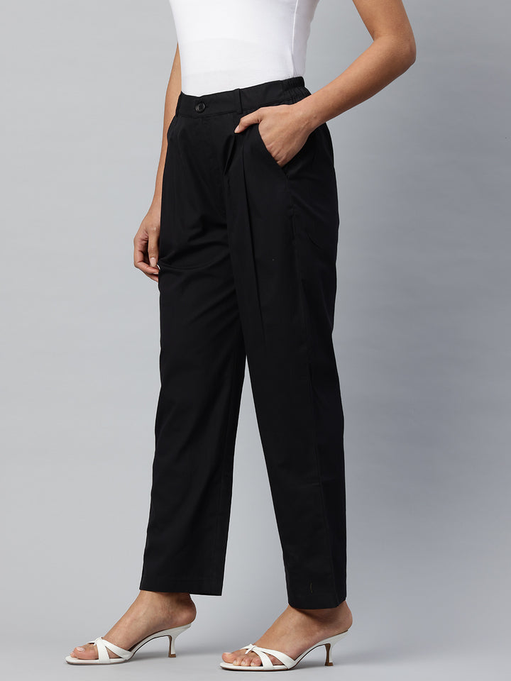 Popnetic Loose Fit High-Rise Pleated Pure Cotton Trousers