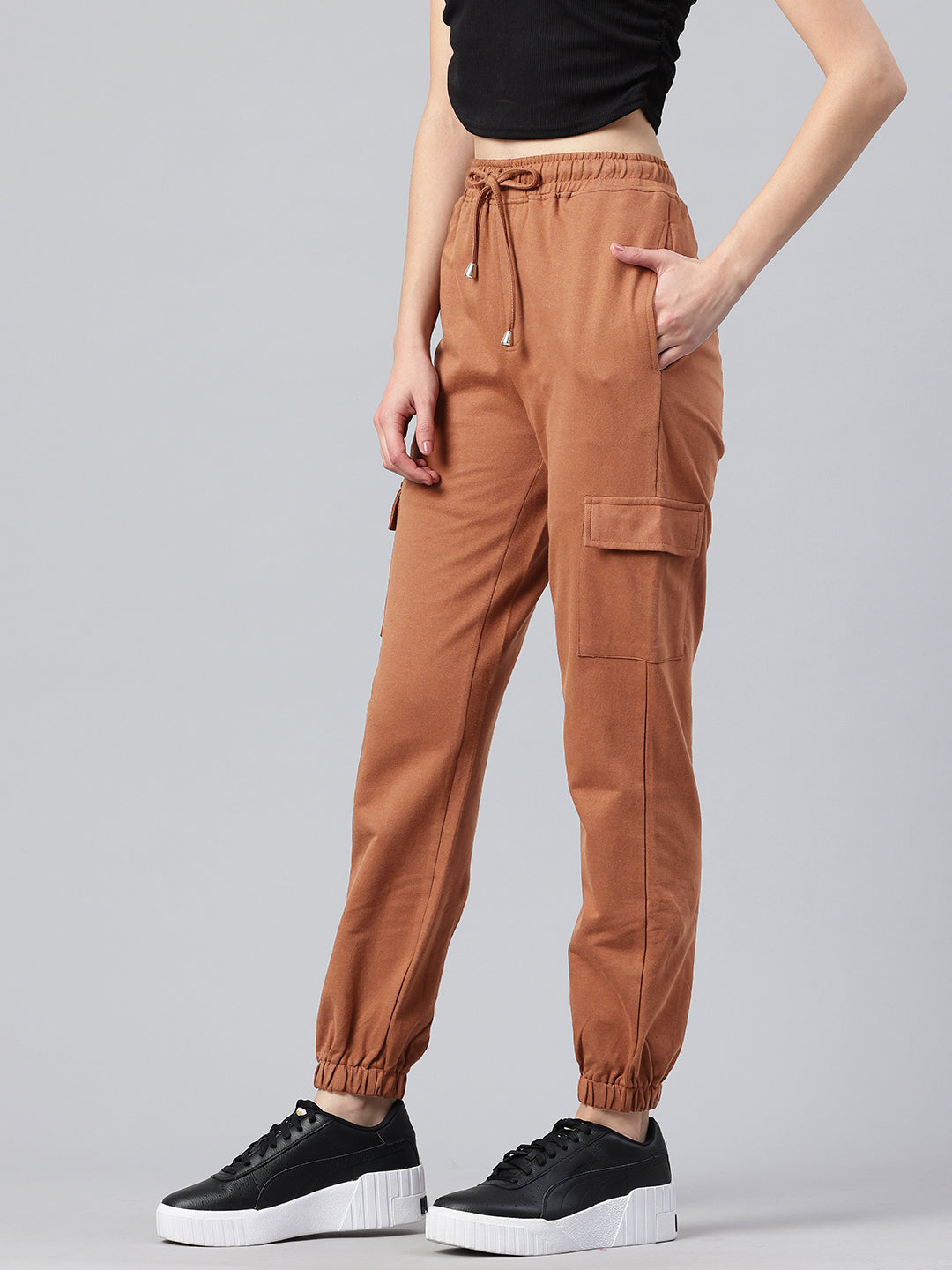 Popnetic Women Pure Cotton High-Rise Cargo Style Joggers Trousers