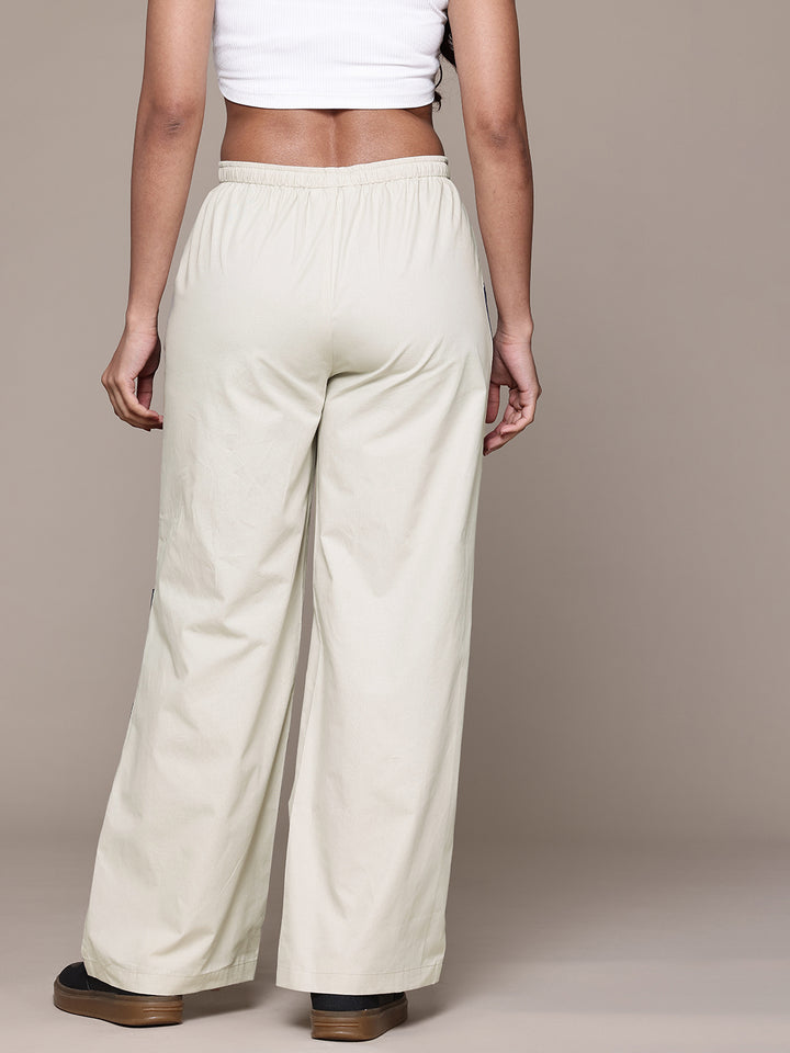 Popnetic Women Colourblocked High-Rise Pure Cotton Wide Leg Fit Parachute Trousers