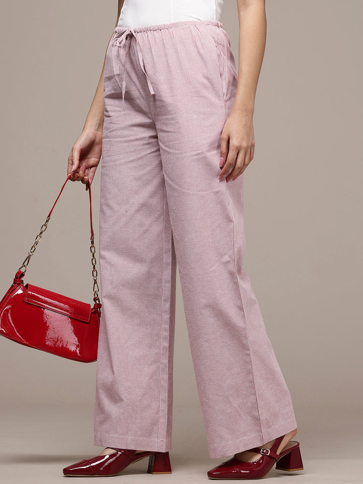 Popnetic Women Striped Cotton-Linen Wide Leg Trousers
