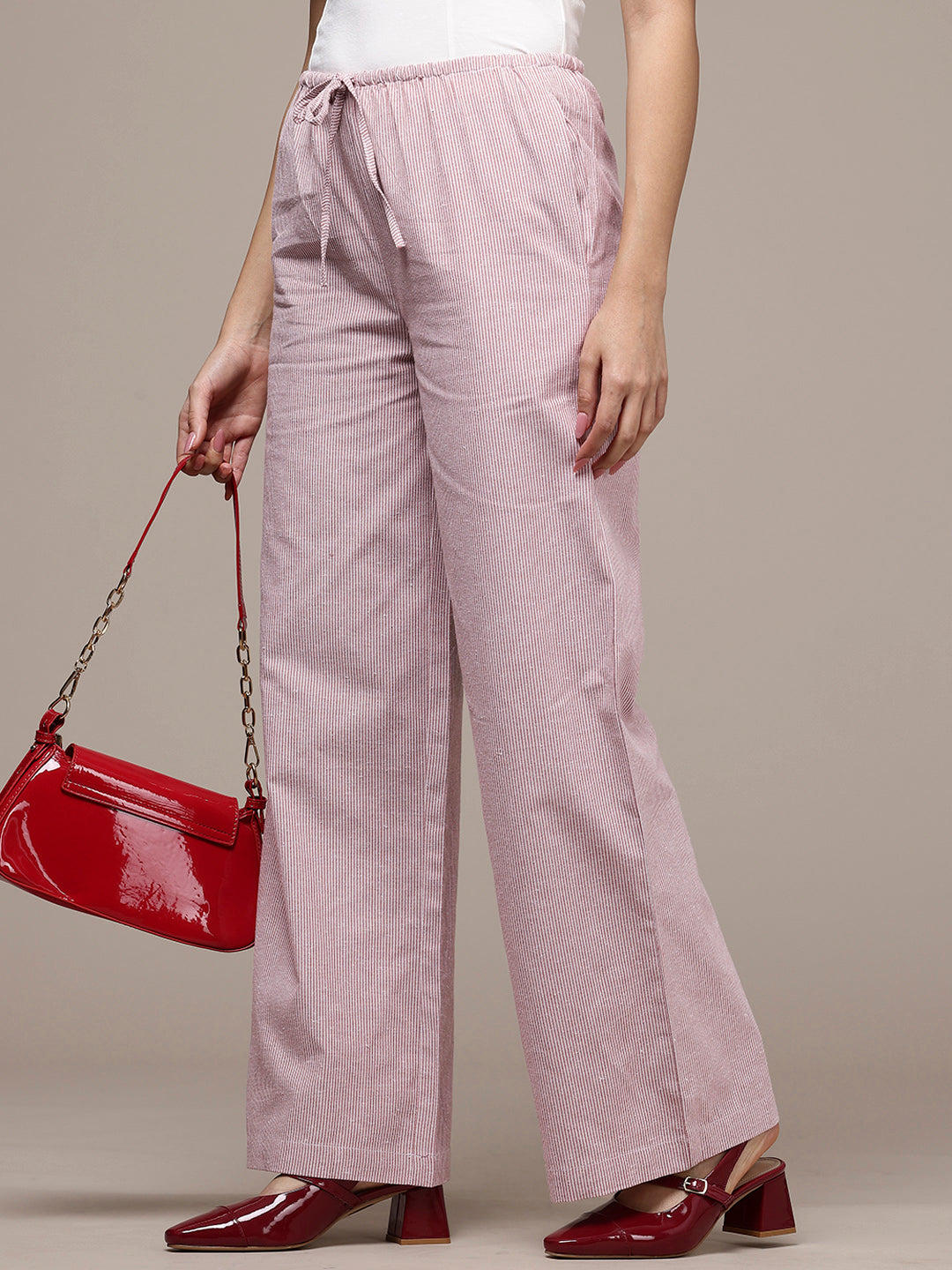 Popnetic Women Striped Cotton-Linen Wide Leg Trousers