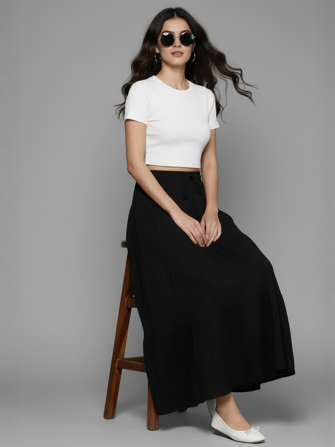 Popnetic Textured Tiered Maxi Skirt
