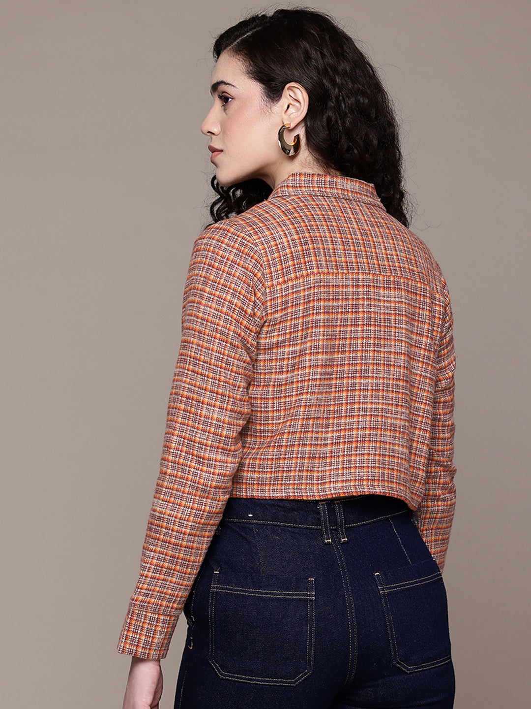 Popnetic Women Pure Cotton Checked Crop Tailored Jacket