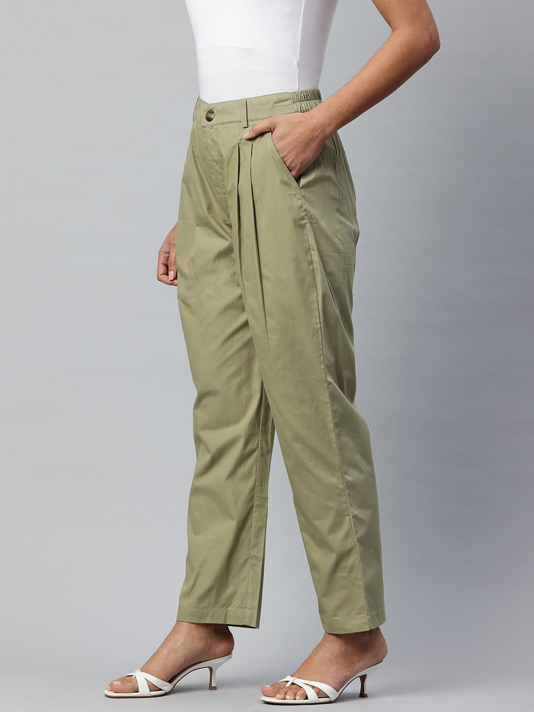 Popnetic Loose Fit High-Rise Pleated Pure Cotton Trousers