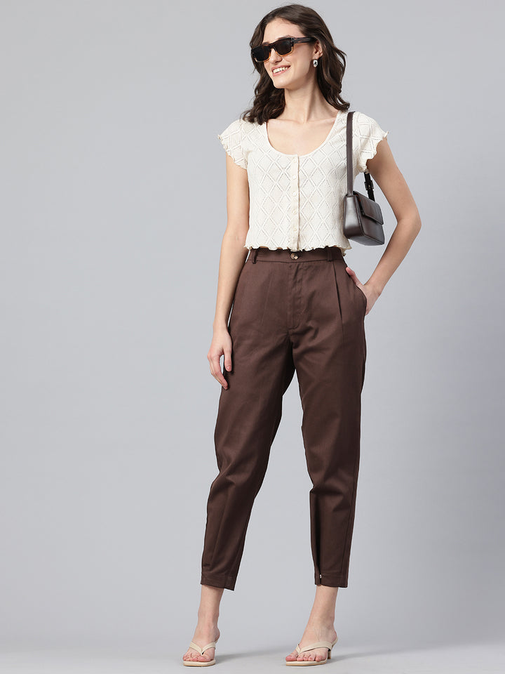 Popnetic Women Tapered Fit High-Rise Pleated Pure Cotton Chinos Trousers