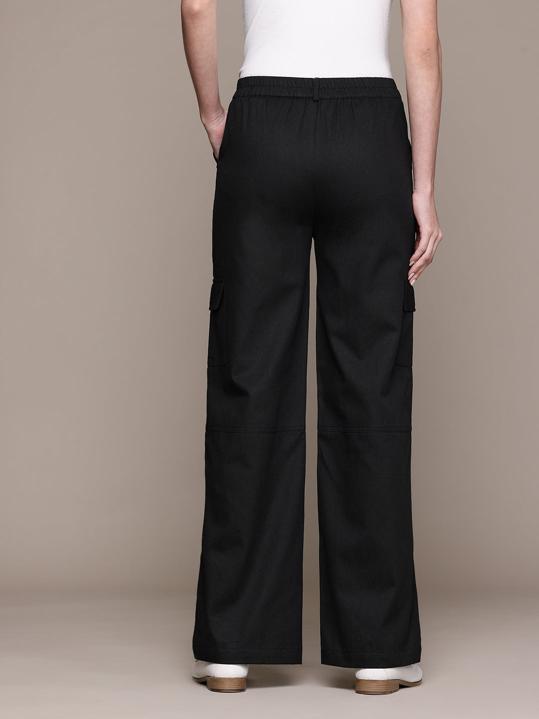 Popnetic Women High-Rise Pure Cotton Twill Weave Cargo-Style Wide Leg Trousers