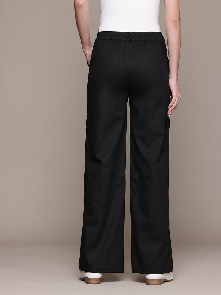 Popnetic Women High-Rise Pure Cotton Twill Weave Cargo-Style Wide Leg Trousers