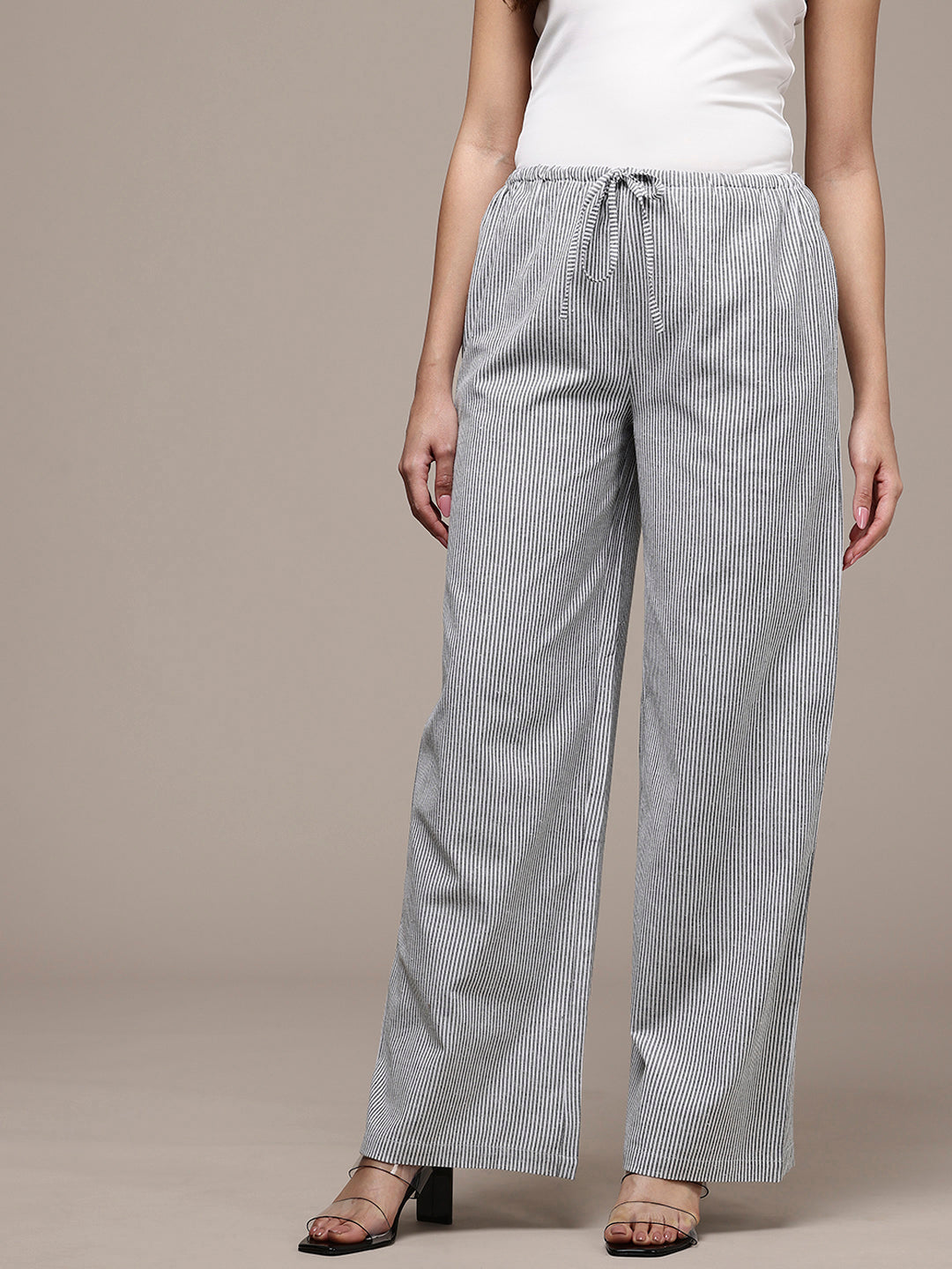 Popnetic Women Striped Cotton-Linen Wide Leg Trousers
