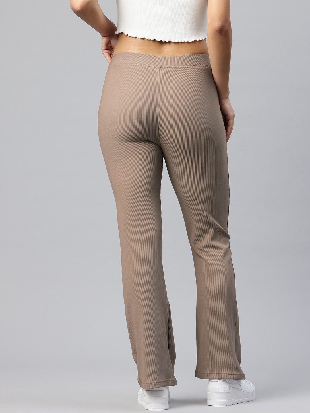 Popnetic Women Ribbed Flared High-Rise Trousers