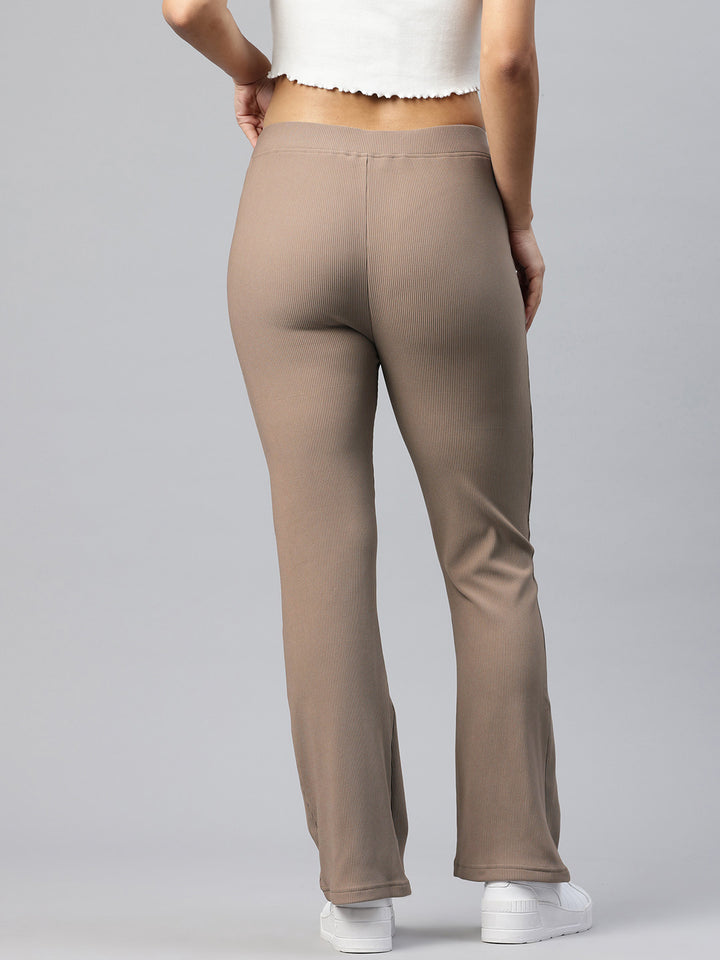 Popnetic Women Ribbed Flared High-Rise Trousers