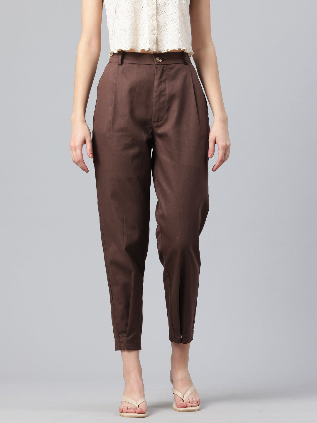 Popnetic Women Tapered Fit High-Rise Pleated Pure Cotton Chinos Trousers
