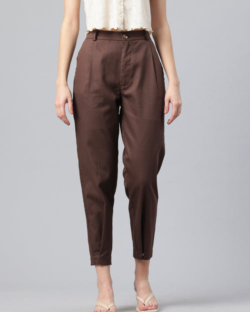 Popnetic Women Tapered Fit High-Rise Pleated Pure Cotton Chinos Trousers