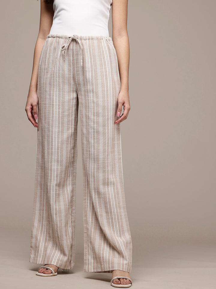 Popnetic Women Striped Cotton-Linen Wide Leg Trousers