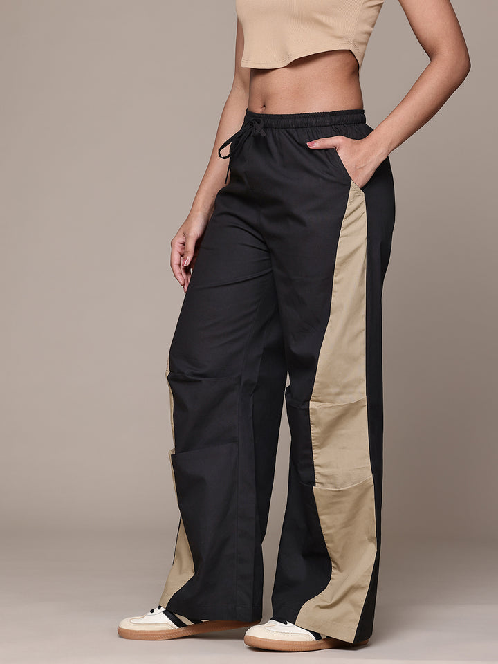 Popnetic Women Colourblocked High-Rise Pure Cotton Wide Leg Fit Parachute Trousers
