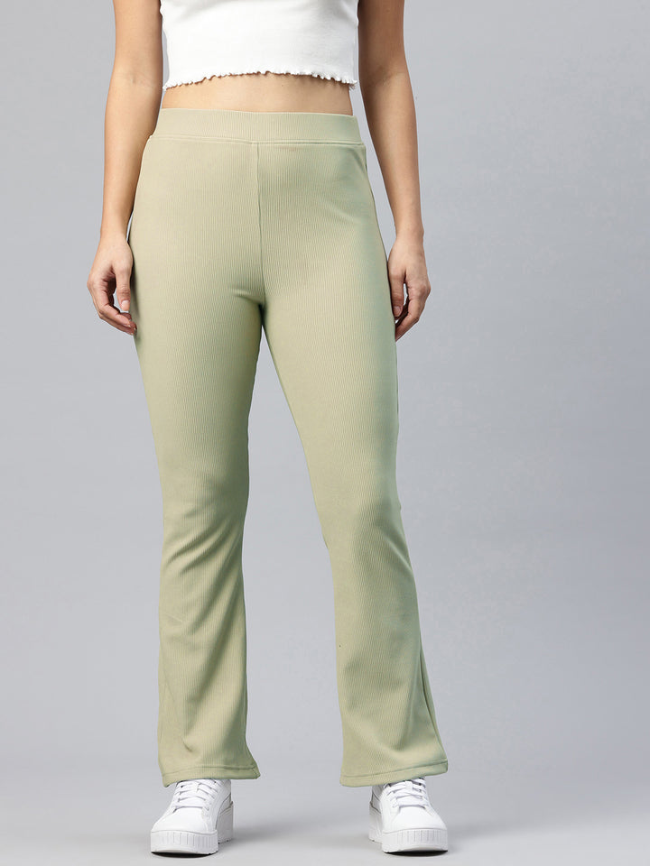 Popnetic Women Ribbed  Flared High-Rise Trousers