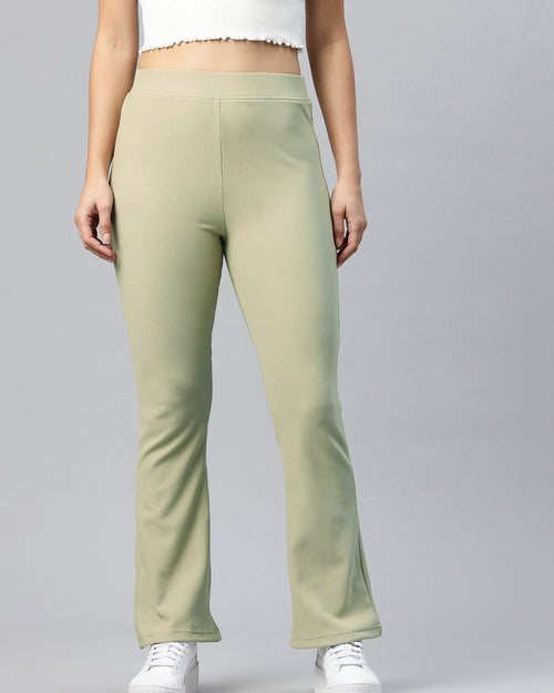 Popnetic Women Ribbed  Flared High-Rise Trousers