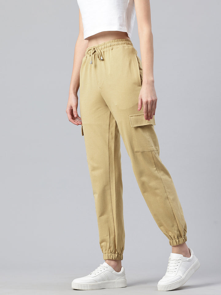 Popnetic Women Pure Cotton High-Rise Cargo Style Joggers Trousers