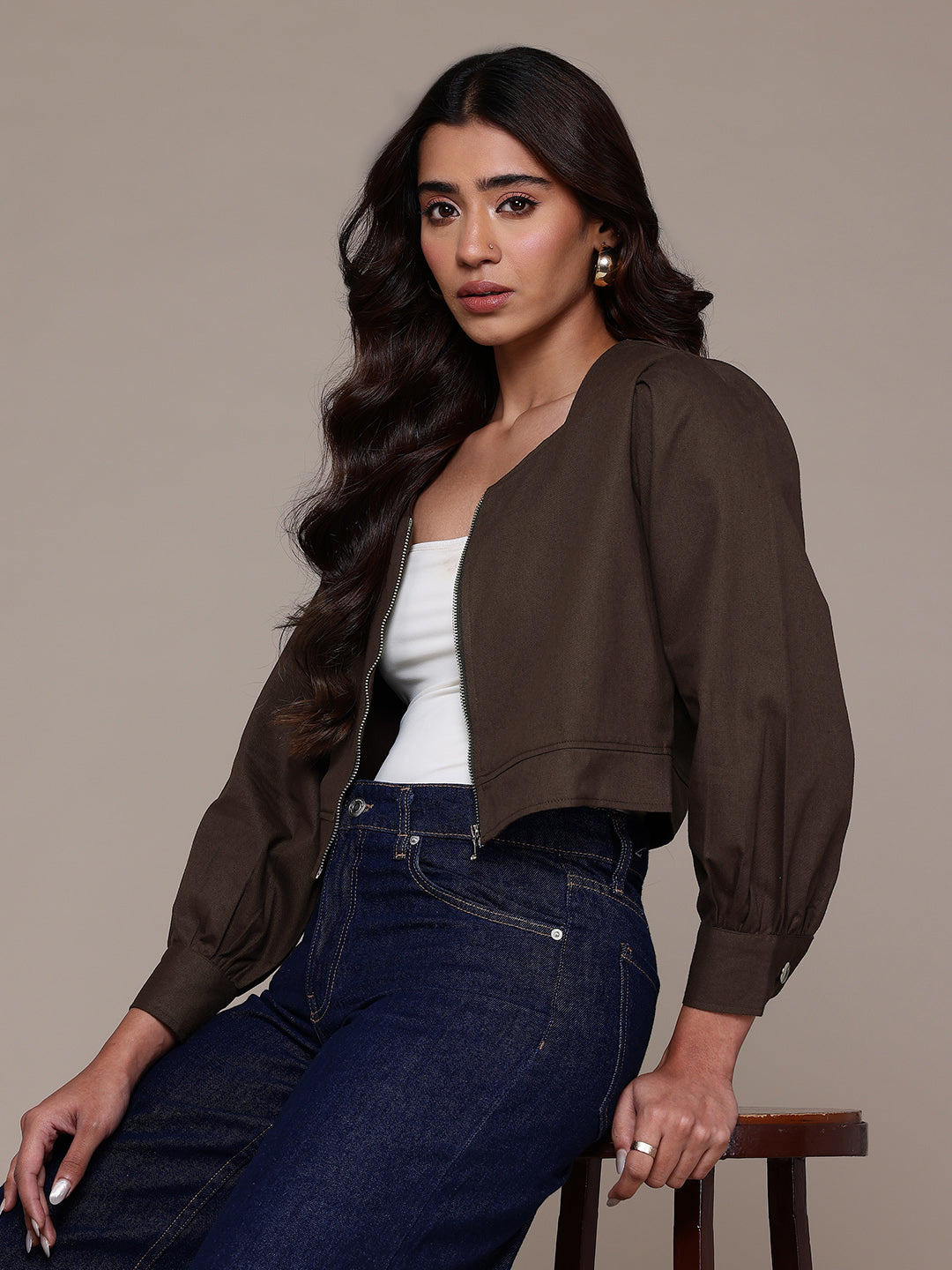 Popnetic Collarless Pure Cotton Crop Tailored Jacket