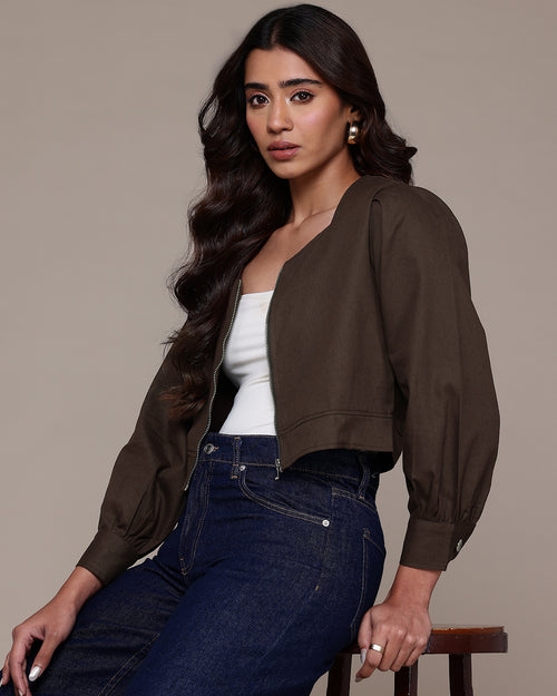 Popnetic Collarless Pure Cotton Crop Tailored Jacket